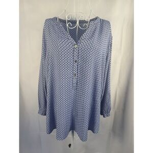 Grand & Greene Blouse Women's 1X Blue Geometric Print Long Sleeve V-Neck
